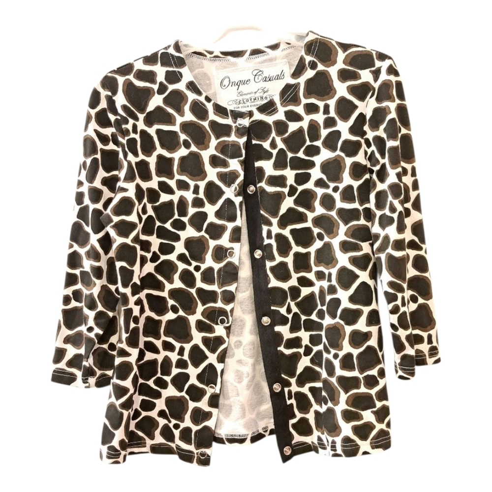 Onque Casuals giraffe animal print top Black brown and White button down size S